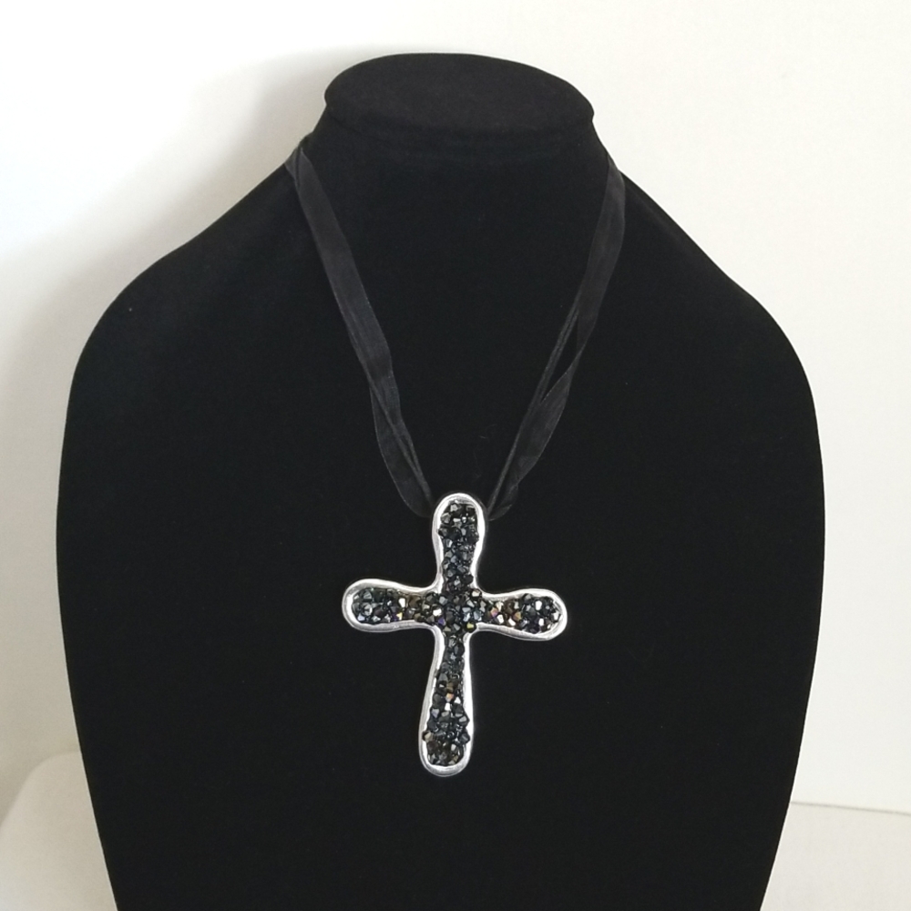 Silver Cross Black Bead Necklace
